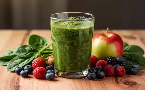 Ein grüner Smoothie in einem Glas mit frischem Obst und Gemüse daneben auf einer Holzoberfläche, das Ballaststoffe betont. - Foto: über boerse-global.de