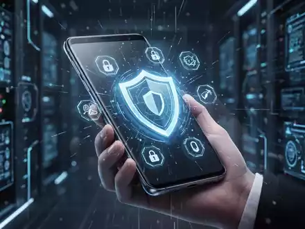 Ein futuristisches Samsung Galaxy Smartphone, umgeben von digitalen Sicherheitssymbolen und einem Schild, das Automatisierung und Schutz darstellt. - Foto: über boerse-global.de