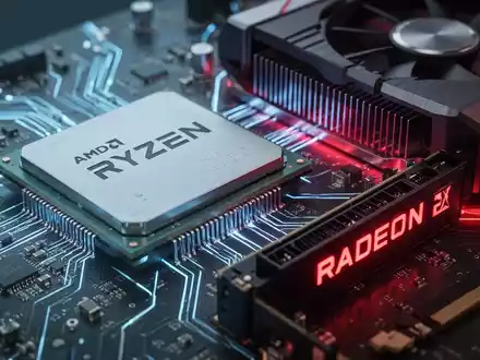 Close-up of an AMD Ryzen CPU and Radeon RX graphics card on a circuit board, glowing with blue and red light. - Foto: über boerse-global.de
