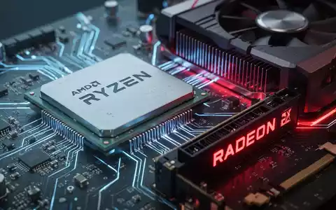 Close-up of an AMD Ryzen CPU and Radeon RX graphics card on a circuit board, glowing with blue and red light. - Foto: über boerse-global.de