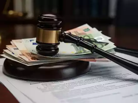 Ein Stapel Euro-Banknoten, teilweise verdeckt von einem dunklen Hammer auf juristischen Dokumenten in einem Büro. - Foto: über boerse-global.de