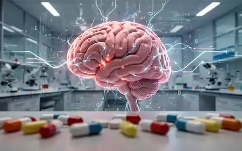 Ein abstraktes Bild eines Gehirns mit leuchtenden neuronalen Verbindungen und digitalen Datenströmen, verschwommene Pillen im Vordergrund. - Foto: über boerse-global.de