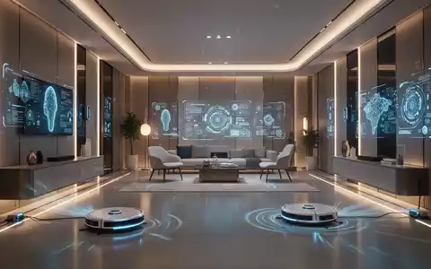 Ein modernes, aufgeräumtes Smart Home Interieur mit einem Saugroboter, der den Boden reinigt, und subtilen digitalen Schnittstellen an den Wänden. - Foto: über boerse-global.de