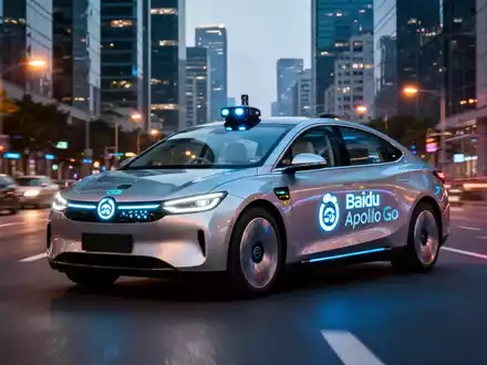 A sleek, futuristic Baidu Apollo Go robotaxi driving on a city street at dusk, with blurred city lights in the background. - Foto: über boerse-global.de