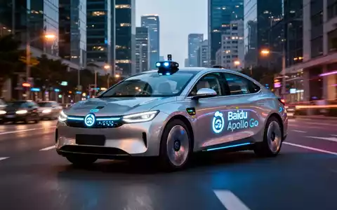 A sleek, futuristic Baidu Apollo Go robotaxi driving on a city street at dusk, with blurred city lights in the background. - Foto: über boerse-global.de