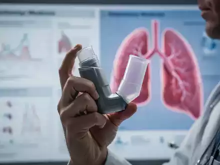 Eine Hand hält einen modernen medizinischen Inhalator vor einem unscharfen Hintergrund mit medizinischen Diagrammen, die Lungen darstellen. - Foto: über boerse-global.de