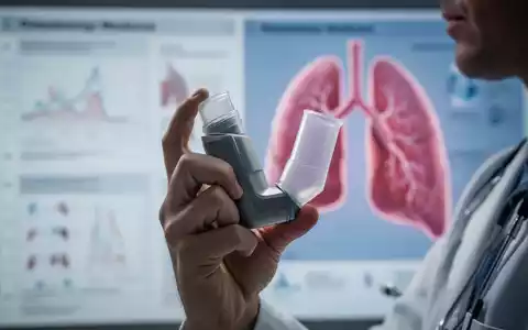 Eine Hand hält einen modernen medizinischen Inhalator vor einem unscharfen Hintergrund mit medizinischen Diagrammen, die Lungen darstellen. - Foto: über boerse-global.de