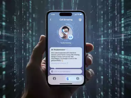 A hand holds an iPhone displaying an AI-powered call screening interface with text transcription, against a blurred digital background. - Foto: über boerse-global.de