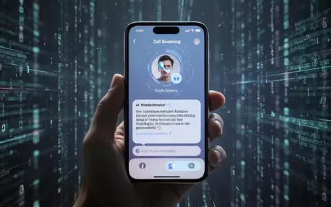 A hand holds an iPhone displaying an AI-powered call screening interface with text transcription, against a blurred digital background. - Foto: über boerse-global.de