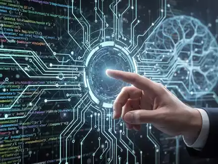 Abstract representation of AI code, with glowing lines and circuits, symbolizing autonomous development. A hand interacts with a holographic interface. - Foto: über boerse-global.de