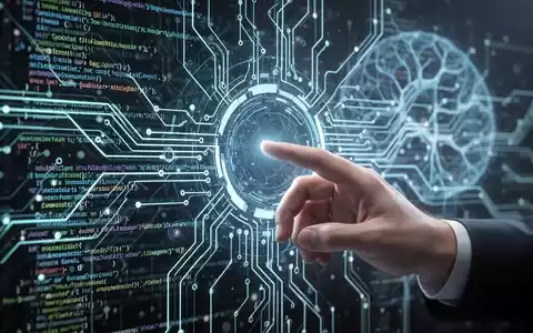 Abstract representation of AI code, with glowing lines and circuits, symbolizing autonomous development. A hand interacts with a holographic interface. - Foto: über boerse-global.de