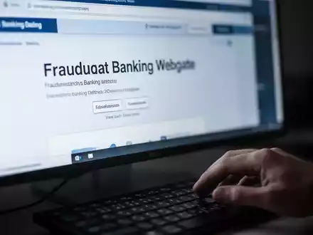 Nahaufnahme eines unscharfen Computerbildschirms, der eine betrügerische Bank-Website anzeigt, mit einer Hand an der Tastatur. - Foto: über boerse-global.de