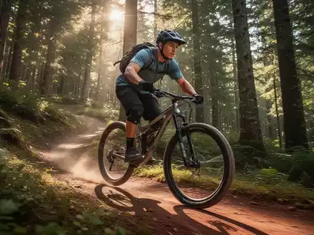 Eine Person fährt Mountainbike auf einem Waldweg, umgeben von Bäumen und Sonnenlicht, das durch das Blätterdach fällt. - Foto: über boerse-global.de