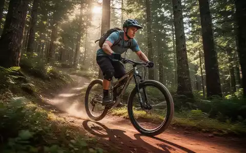Eine Person fährt Mountainbike auf einem Waldweg, umgeben von Bäumen und Sonnenlicht, das durch das Blätterdach fällt. - Foto: über boerse-global.de