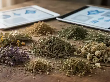 Nahaufnahme einer Ansammlung getrockneter Heilkräuter und Pflanzen auf einem Holztisch mit unscharfen digitalen Elementen im Hintergrund. - Foto: über boerse-global.de