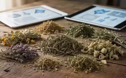 Nahaufnahme einer Ansammlung getrockneter Heilkräuter und Pflanzen auf einem Holztisch mit unscharfen digitalen Elementen im Hintergrund. - Foto: über boerse-global.de