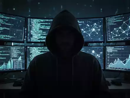 A shadowy figure in a hoodie looking at multiple screens displaying code and network graphs, symbolizing cyber attacks. - Foto: über boerse-global.de