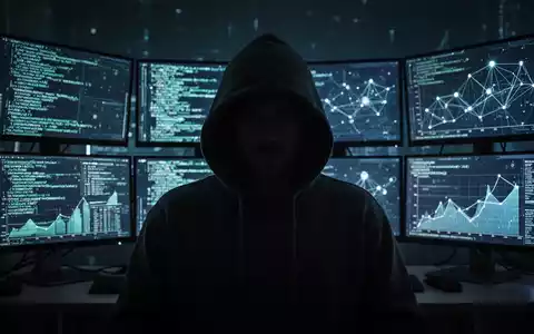 A shadowy figure in a hoodie looking at multiple screens displaying code and network graphs, symbolizing cyber attacks. - Foto: über boerse-global.de