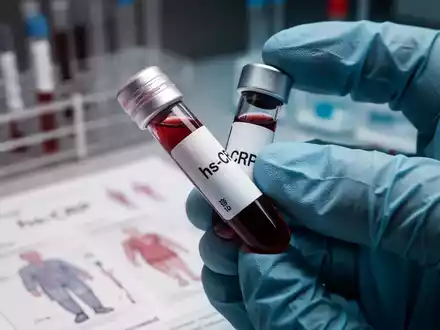 Nahaufnahme eines Reagenzglases mit der Aufschrift „hs-CRP“, gehalten von einer behandschuhten Hand, im Laborumfeld. - Foto: über boerse-global.de