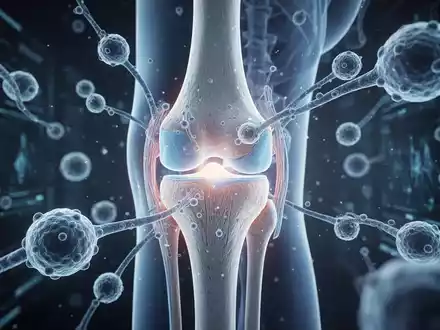 Mikroskopische Ansicht von Stammzellen und Kniegelenk-Anatomie, die den Fortschritt in der regenerativen Orthopädie darstellt. - Foto: über boerse-global.de
