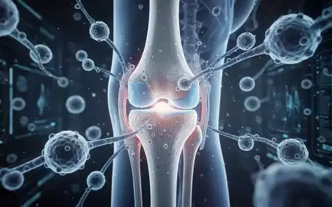 Mikroskopische Ansicht von Stammzellen und Kniegelenk-Anatomie, die den Fortschritt in der regenerativen Orthopädie darstellt. - Foto: über boerse-global.de