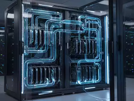 A close-up of a futuristic server rack with blue glowing components and liquid cooling pipes, representing advanced AI infrastructure. - Foto: über boerse-global.de