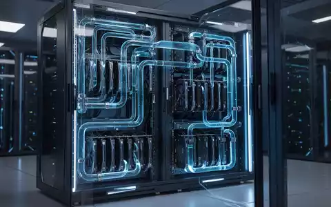 A close-up of a futuristic server rack with blue glowing components and liquid cooling pipes, representing advanced AI infrastructure. - Foto: über boerse-global.de