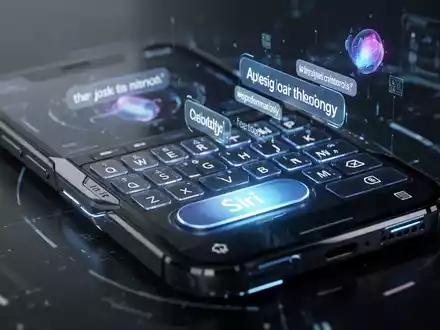 A close-up of a smartphone keyboard with a glowing Siri button and AI-generated text suggestions on the screen. - Foto: über boerse-global.de