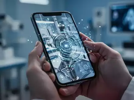Nahaufnahme einer Hand, die ein Smartphone hält, das digitale Muster über eine reale Umgebung legt, was Mustererkennung und KI symbolisiert. - Foto: über boerse-global.de