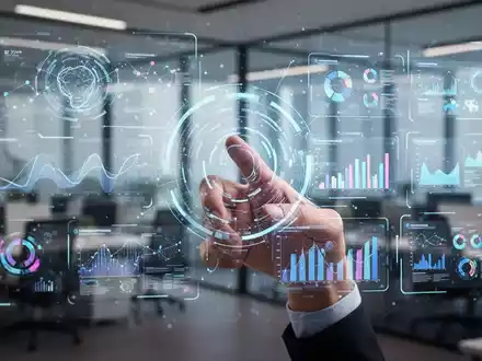 A hand interacts with a holographic interface showing abstract data and presentation slides in a modern office. - Foto: über boerse-global.de