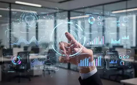 A hand interacts with a holographic interface showing abstract data and presentation slides in a modern office. - Foto: über boerse-global.de