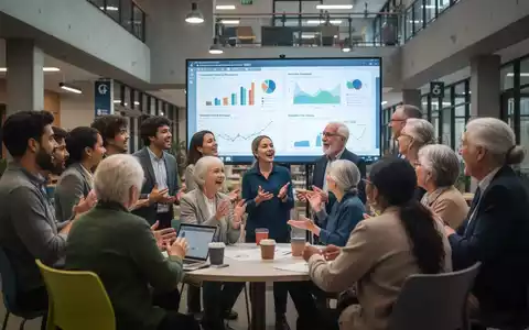 Eine Gruppe von Bürgern diskutiert in einem modernen Gemeindesaal über die Zukunft, im Hintergrund eine digitale Anzeige mit Daten. - Foto: über boerse-global.de