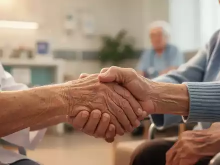 Eine Nahaufnahme der Hände zweier älterer Menschen, die sich sanft halten, symbolisiert Fürsorge und Unterstützung bei Alzheimer. - Foto: über boerse-global.de