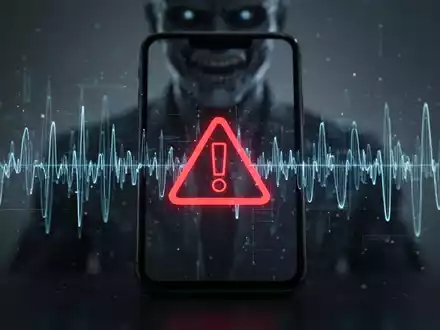 Ein Smartphone-Bildschirm zeigt ein Warnsymbol und digitale Schallwellen, im Hintergrund eine verschwommene, bedrohliche Figur, die KI-Betrug darstellt. - Foto: über boerse-global.de