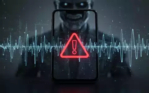 Ein Smartphone-Bildschirm zeigt ein Warnsymbol und digitale Schallwellen, im Hintergrund eine verschwommene, bedrohliche Figur, die KI-Betrug darstellt. - Foto: über boerse-global.de