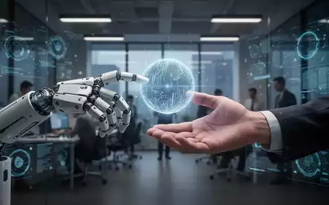 Eine Roboterhand und eine menschliche Hand greifen nach einer leuchtenden Datenkugel in einem futuristischen Büro. Symbolisiert KI-Einsatz und Arbeitsplatzwandel. - Foto: über boerse-global.de