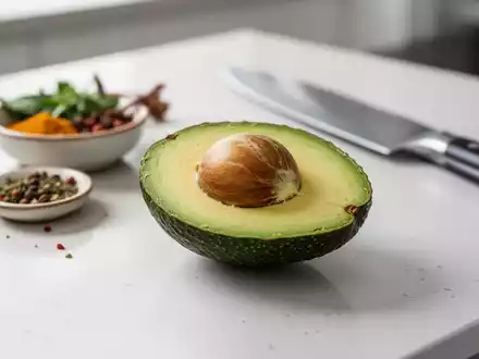 Eine perfekt aufgeschnittene Avocadohälfte mit grünem Fruchtfleisch auf einer hellen Küchenarbeitsplatte, daneben Gewürze und ein Messer. - Foto: über boerse-global.de