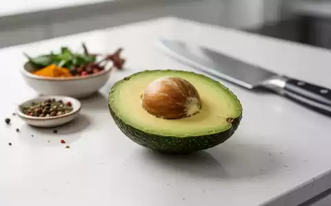Eine perfekt aufgeschnittene Avocadohälfte mit grünem Fruchtfleisch auf einer hellen Küchenarbeitsplatte, daneben Gewürze und ein Messer. - Foto: über boerse-global.de
