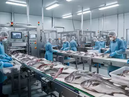 Ein modernes Fischverarbeitungswerk in Auburn mit Maschinen und Arbeitern, die Meeresfrüchte verarbeiten. - Foto: über boerse-global.de