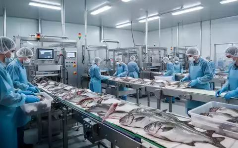 Ein modernes Fischverarbeitungswerk in Auburn mit Maschinen und Arbeitern, die Meeresfrüchte verarbeiten. - Foto: über boerse-global.de