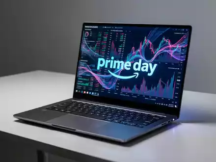 A modern Samsung Galaxy Book6 Pro laptop with a glowing screen on a desk, reflecting a subtle 'Prime Day' graphic. - Foto: über boerse-global.de