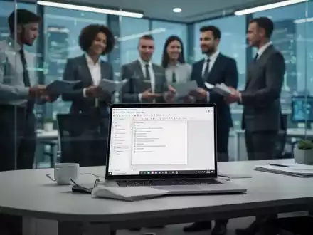 Ein moderner Bürotisch mit Laptop, der eine LibreOffice-ähnliche Oberfläche anzeigt, im Hintergrund unscharfe Geschäftsleute. - Foto: über boerse-global.de