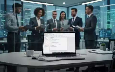 Ein moderner Bürotisch mit Laptop, der eine LibreOffice-ähnliche Oberfläche anzeigt, im Hintergrund unscharfe Geschäftsleute. - Foto: über boerse-global.de