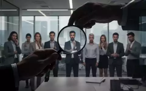 Eine vergrößernde Hand, die eine Gruppe unscharfer Büroangestellter in einem modernen Büro überwacht, symbolisiert Kontrolle und Bürokratie. - Foto: über boerse-global.de