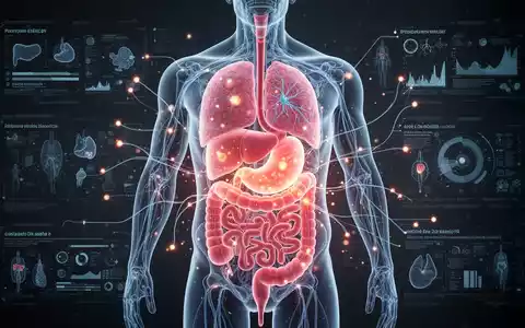 Eine stilisierte menschliche Torso-Grafik, die Bauchfett und innere Organe darstellt, mit Daten-Overlays, die das Krebsrisiko veranschaulichen. - Foto: über boerse-global.de