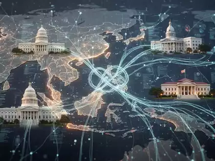 A glowing neural network representing AI, superimposed over a map of Southeast Asia and Europe, with data streams connecting to institutions. - Foto: über boerse-global.de