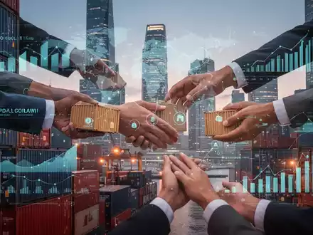 Eine Weltkarte mit Verbindungslinien zwischen Kontinenten, umgeben von Schifffahrtscontainern und digitalen Symbolen, die den globalen Handel darstellen. - Foto: über boerse-global.de