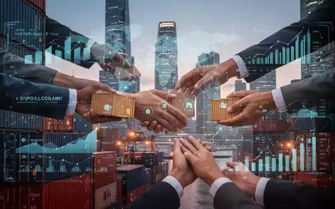 Eine Weltkarte mit Verbindungslinien zwischen Kontinenten, umgeben von Schifffahrtscontainern und digitalen Symbolen, die den globalen Handel darstellen. - Foto: über boerse-global.de