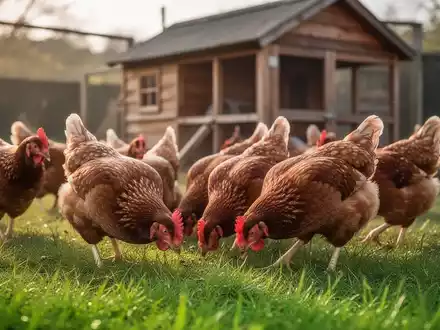 Ein kleiner Schwarm Hühner sucht Futter auf grünem Gras, mit einem rustikalen Hühnerstall im Hintergrund. - Foto: über boerse-global.de