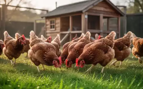 Ein kleiner Schwarm Hühner sucht Futter auf grünem Gras, mit einem rustikalen Hühnerstall im Hintergrund. - Foto: über boerse-global.de